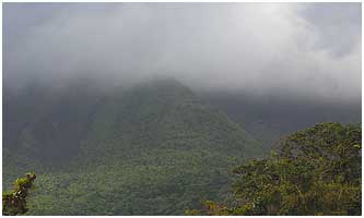 Clouds on the Volcano Arenal - but 2 old lava streams having destroyed part of the rainforrest are clearly seen.